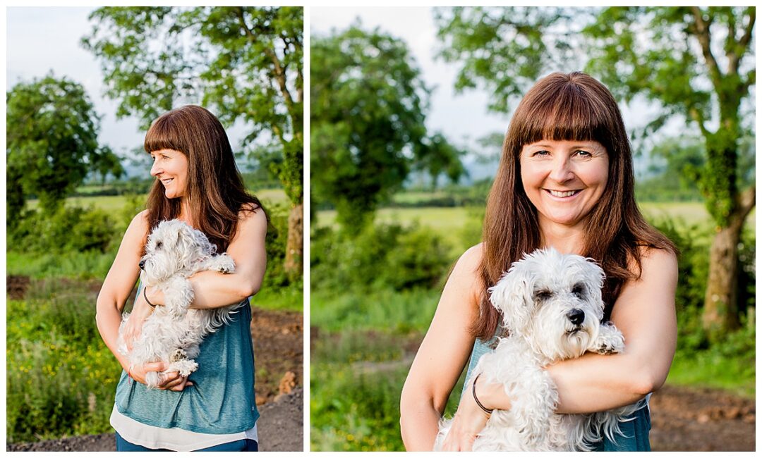 outdoor portrait of wellness business owner with dog